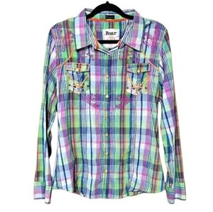 Roar Plaid Long Sleeve Colorful Western Style Button-Up Sz XL Womens